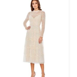 Mac Duggal Elegant Cream Gown with Long Bishop Sleeves and Mock Neck